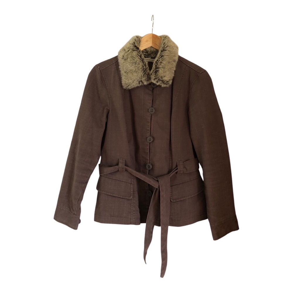 Rocha. John Rocha Brown Jacket with Plush Collar and Belted Waist